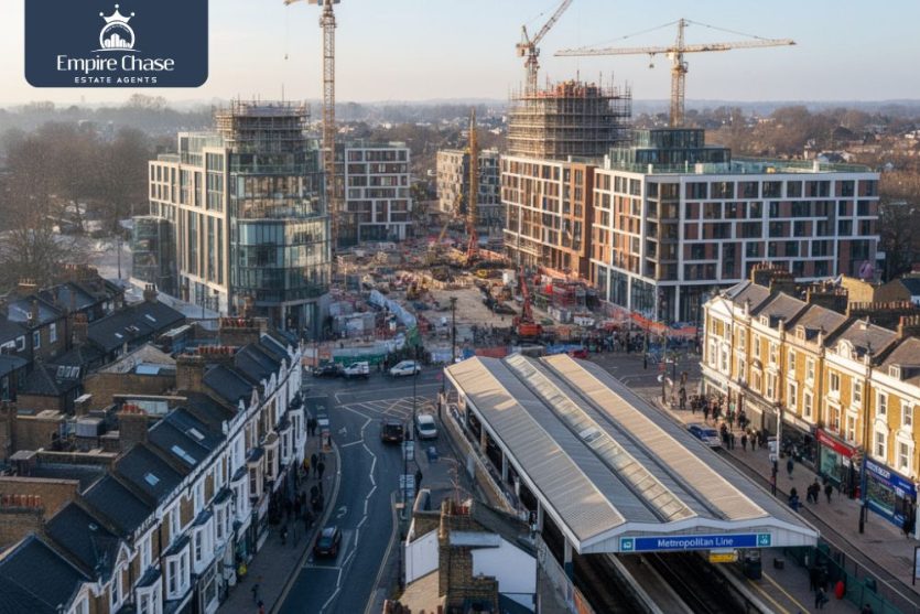 Aerial view of Harrow Town Centre regeneration including College Road development site and Poets Corner, analysed by Empire Chase letting agents