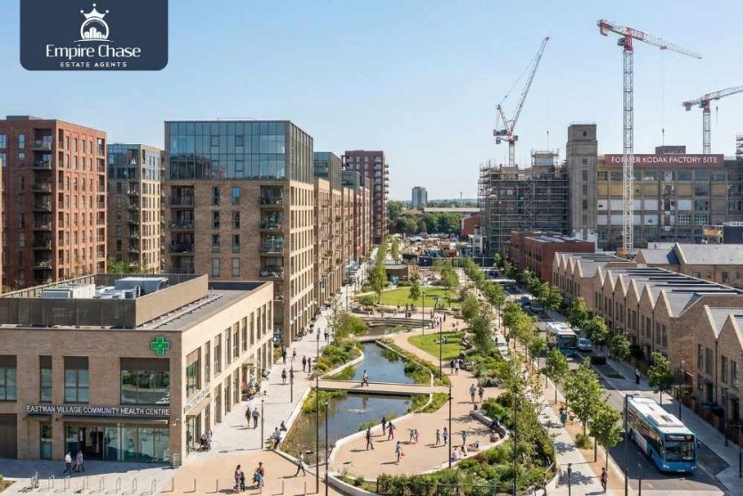 Eastman Village Harrow development showing 780 new homes, public spaces, and health centre on former Kodak Factory site, analysed by Empire Chase letting agents