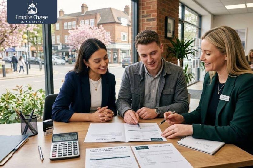 First-time buyers discussing stamp duty costs and Harrow property options with Empire Chase agent in spring 2026, reviewing house price data and calculator